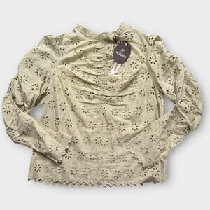 BY TIMO NEW GREEN RUFFLED RUCHING BLOUSE BOHO EYELET EMBROIDERY LONG SLEEVE XL